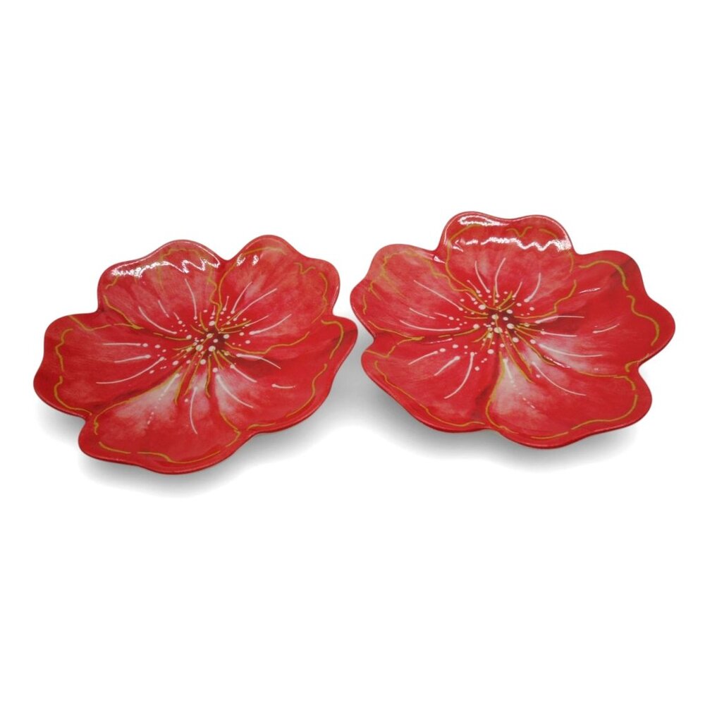 Hibiscus Mela-Ware Floral Melamine Plates Set Of 2 Red